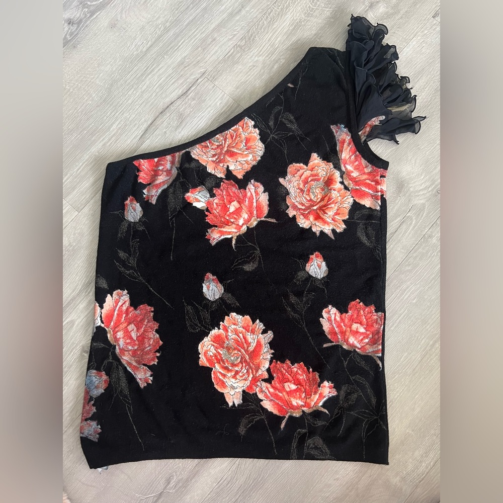 Blumarine One-Shoulder Floral Velvet Top – Size 46 (US M/L) - Picture 4 of 6